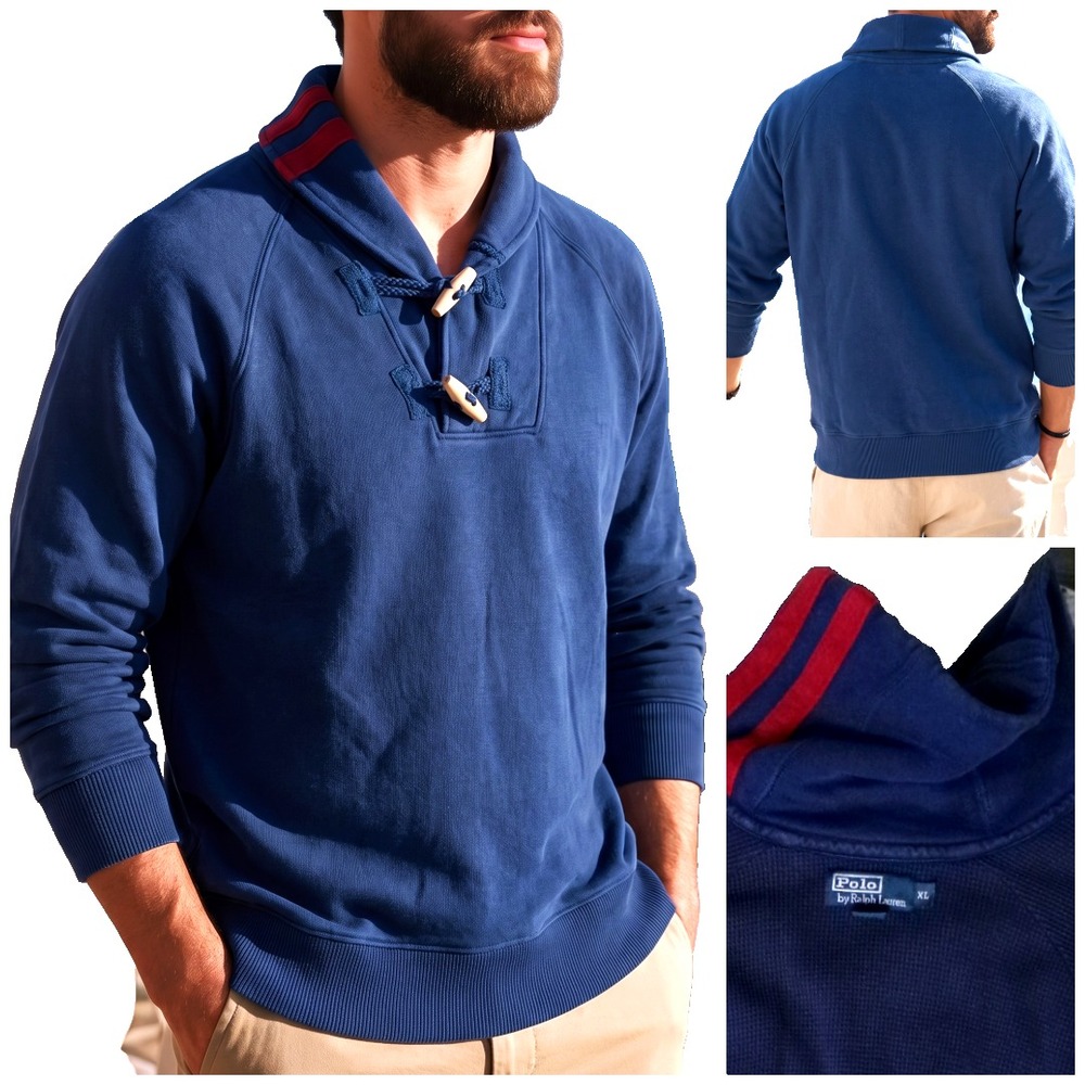 Vtg 90's Polo Ralph Lauren Shawl Sweater XL Navy 2/red stripes Toggle Waffle Ivy